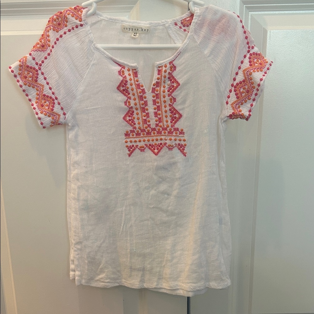 White Top with Pink Embroidery